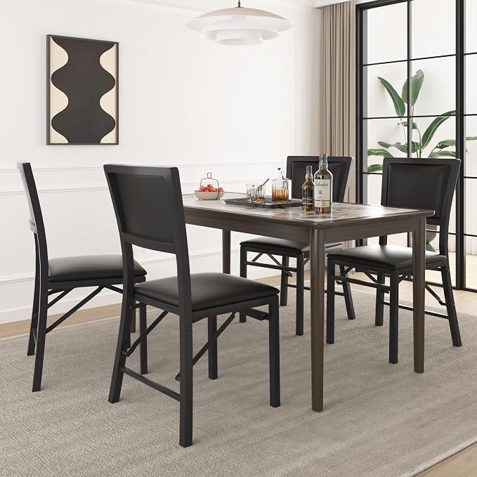 VECELO Folding Dining Chairs Set of 4, Metal Padded Foldable Seating with Comfortable Faux Leather, Space-Saving Portable Guest Seats for Kitchen & Office, No Assembly, Black
