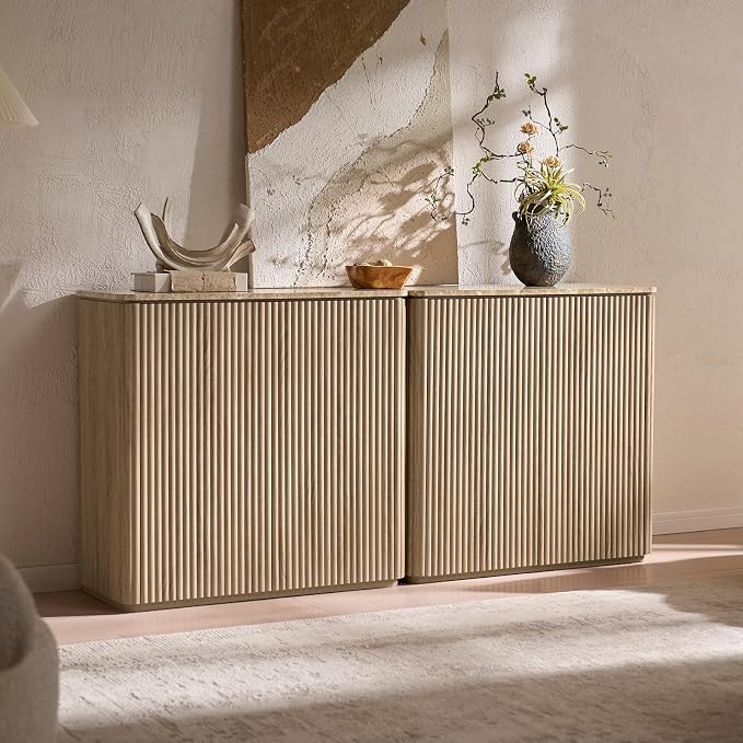 Fluted 2 Doors Sideboard Cabinet with Storage, 34" Wooden Credenza with Shelves, Faux Marble-Top Coffee Bar Console, Modern Buffet Cabinet for Dining, Kitchen, Living Room, Entryway, Natural Oak, 2pcs