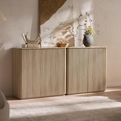 Fluted 2 Doors Sideboard Cabinet with Storage, 34" Wooden Credenza with Shelves, Faux Marble-Top Coffee Bar Console, Modern Buffet Cabinet for Dining, Kitchen, Living Room, Entryway, Natural Oak, 2pcs