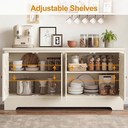 RoyalCraft 112'' Sideboard Buffet Cabinet with Storage, Modern Sideboard with 4 Carved Doors and Adjustable Shelves, Large Wood Coffee Bar Console Table for Kitchen, Dining Room, Beige