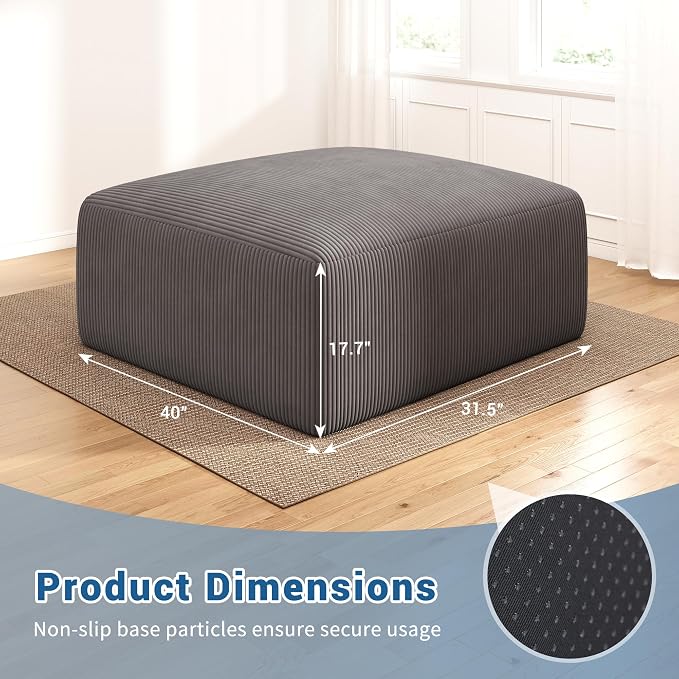 40" Oversized Large Square Corduroy Ottoman Pouf - Poofy Plush Foot Rest with Foam Chunk Filling, Movable Floor Pouf Footstool & Ottoman Coffee Table for Living Room Couch Bedroom, Grey(2 Pieces)