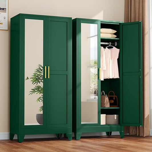 winiowa Metal Armoire Wardrobe Closet with 2 Mirror Doors, 71" Wardrobe Cabinet with Adjustable Shelves and Hanging Rod, Clothing Storage Cabinet Closet with Mirror for Bedroom-Green