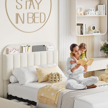 Garvee Twin Size Bed Frame with 2 Flexible Drawers, Boucle Upholstered Platform Bed Frame with Bookcase Headboard, Bedframe for Kids/Girls, Easy Assembly, No Box Spring Needed, Noise Free, Beige
