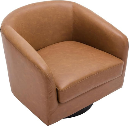 360° Swivel Barrel Accent Chair Armchair, PU Leather Round Club Arm Chair for Lving Room, Modern Upholstered Small Bedroom Single Sofa Seat - Brown, Set of 1