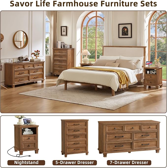SAVOR LIFE Farmhouse Night Stand with Charging Station, Antique Bedside Table with Open Shelf & Thick Tabletop & Square Wooden Legs, Brown