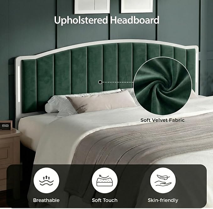 Headboard for Queen Size Bed with LED Lights, Upholstered Vertical Channel Tufting Head Boards, Velvet Headboard Only, Attach Frame, Ideal for Bedroom, Dorm, Guest Room, Green
