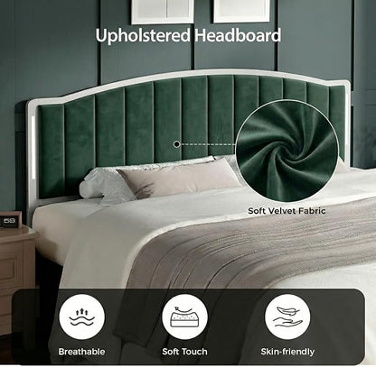 Headboard for Queen Size Bed with LED Lights, Upholstered Vertical Channel Tufting Head Boards, Velvet Headboard Only, Attach Frame, Ideal for Bedroom, Dorm, Guest Room, Green