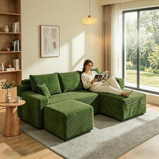 JINGLING 94" U Shaped Boneless Sectional Couch Set for Living Room, Plush Corduroy Modular Sofa with Ottoman, Small Space Apartment Couch, No Assembly, Right Facing Chaise, Green