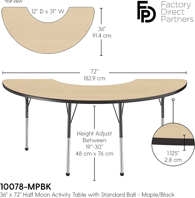 FDP Half Moon Activity School and Office Table (36 x 72 inch), Standard Legs with Ball Glides for Collaborative Seating Environments, Adjustable Height 19-30 inches - Maple Top and Black Edge