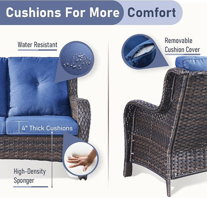 Outdoor Patio Furniture - 3 Seater Outdoor Rattan Wicker Sofa Patio Couch with Ottoman for Porch Deck Garden Backyard - Brown/Blue