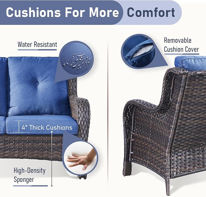 Outdoor Loveseat Sofa - 3 Piece Patio Furniture with Ottoman Deep Seating Patio Couch for Porch Deck Garden Backyard - Brown/Blue