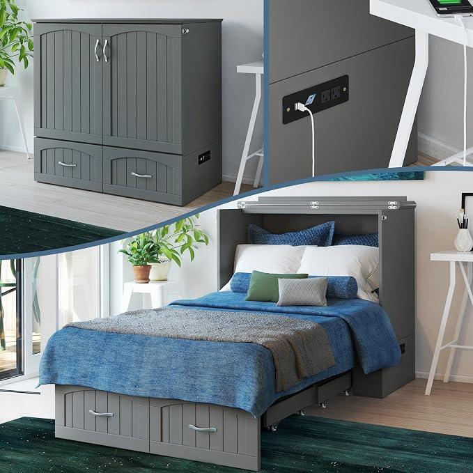 AFI, Southampton Murphy Bed Chest Twin XL with 6" Mattress, Storage Drawer & Built-in USB Charger, Grey