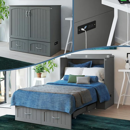 AFI, Southampton Murphy Bed Chest Twin XL with 6" Mattress, Storage Drawer & Built-in USB Charger, Grey