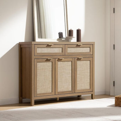 SICOTAS Rattan Sideboard Buffet Cabinet with Storage, Boho Credenza Accent Cabinet with 3 Doors and 2 Drawers, Farmhouse Console Coffee Bar for Kitchen, Living Room, and Entryway, Caramel Oak