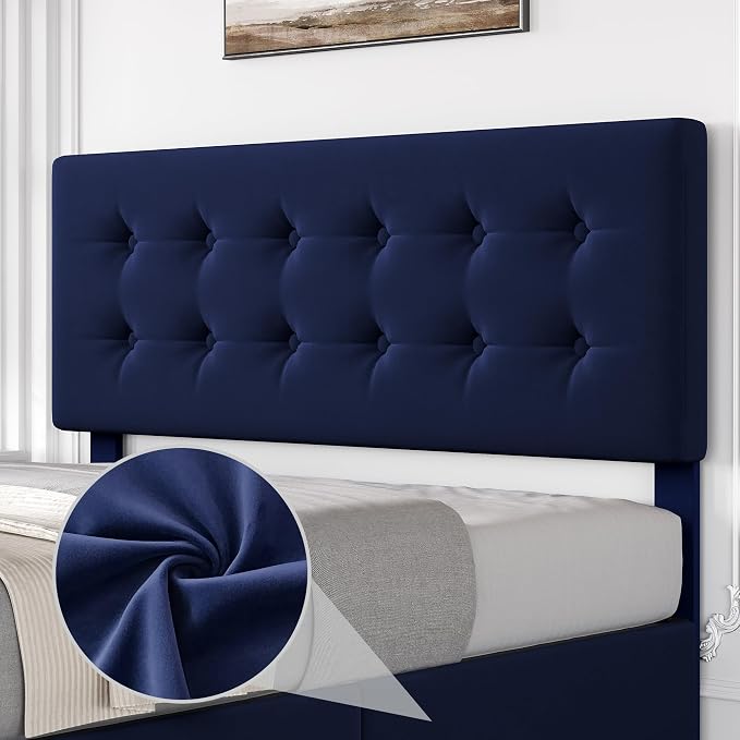 IDEALHOUSE Full Size Bed Frame with 4 Storage Drawers and Headboard, Velvet Upholstered Platform Bed Frame with Wooden Slats Support, Button Tufted Design, No Box Spring Needed, Blue