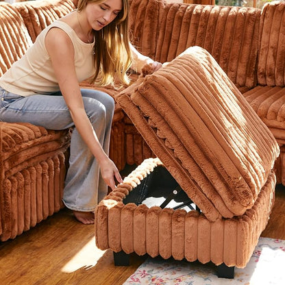 Belffin Corduroy Fabric Ottoman with Storage Ottoman for Modular Sectional Couch Brick Red Couch