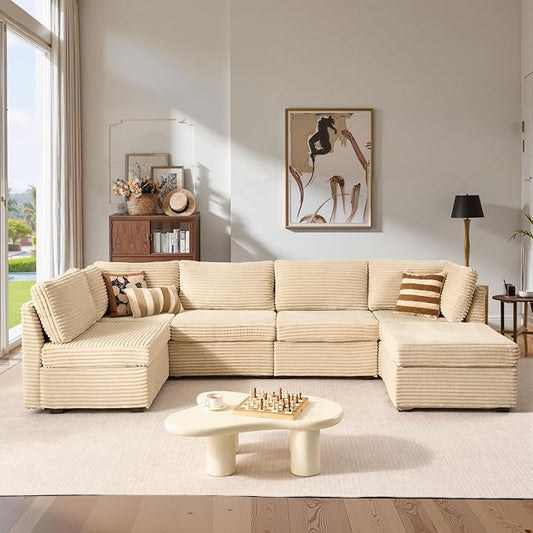 ovios Modular Sectional Sofa Couch with Sofa Bed L-Shape Chaise, Comfy Plush Corduroy Cloud Couches, Modern Luxury Deep Seat Sofas Set for Living Room, 6-Seater, Beige