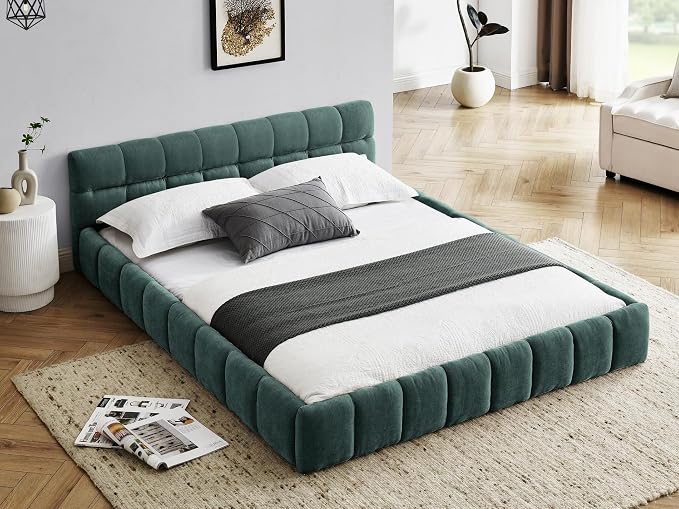 KEIKI Queen Thick Chenille Platform Bed Frame with Upholstered Tufted Headboard, Modern Solid Wood Floor Platform for Bedroom, No Box Spring Needed