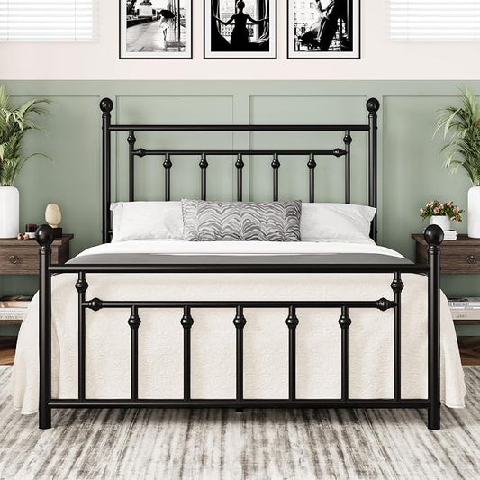 Allewie 14 Inch Queen Size Metal Platform Bed Frame with Victorian Vintage Headboard and Footboard/Mattress Foundation/Under Bed Storage/No Box Spring Needed/Easy Assembly/Noise Free/Black