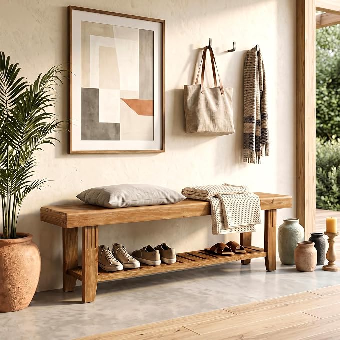 LITTLE TREE 63" Solid Wood Entryway Bench, Rustic Wooden Shoe Bench with Slatted Storage Shelf, Heavy Duty Indoor Bench for Hallway, Bedroom, Living Room, Dining Room