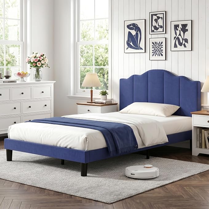 VECELO Twin Size Upholstered Platform Bed Frame with Adjustable Headboard, Wood Slat Support and Noise-Free, No Box Spring Needed, Easy Assembly, Dark&Blue