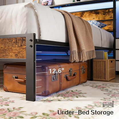 Liians King Size Bed Frame with Storage Headboard, LED Lights USB C Charging Station, Heavy Duty Metal Platform, No Box Spring Needed, Noise Free & Easy Assembly