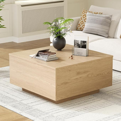 FABATO Lift Top Coffee Table, Wood Square Coffee Table with Storage, Farmhouse Coffee Tables with Hidden Storage Compartment, Center Table with Lifting Tabletop for Living Room, Home Office, Natural