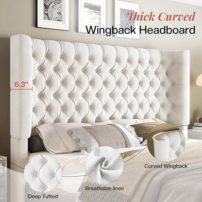 Jocisland King Size Upholstered Bed Frame with 6.3-Inch Curved Wingback Headboard, Tufted Footboard, Wood Slats, No Box Spring Needed, Beige Velvet