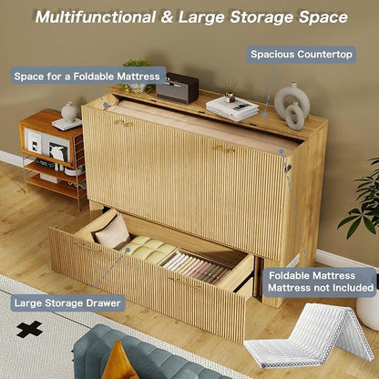 Full Size Murphy Bed Cabinet: Oak Cabinet Bed with Charging Station, Wood Murphy Cabinet with Large Drawers for Guest Room, Living Room and Office