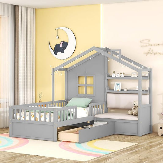 Merax Twin Size House Bed with Upholstered Sofa Seat, Grey Kids Platform Bed with Two Drawers and Storage Shelf, Wood Bed Frame