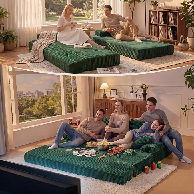 78.7IN Folding Sofa Bed - Convertible Sleeper Sofa Couch with Zippered Pillows, 3 Seater Couches Bed for Living Room, Bedroom, Apartment, No Assembly Required, Freestanding, Corduroy, Green