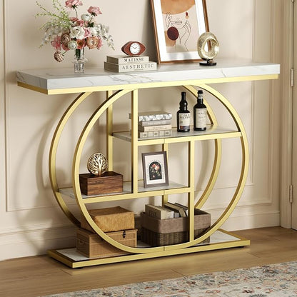 Shintenchi 41.3” Console Table with Storage, Industrial Entryway Table with Marble Top, 4-Tier Shelves Sofa Table Behind Couch, Narrow Accent Table for Living Room, Entryway, Hallway, Foyer,White Gold