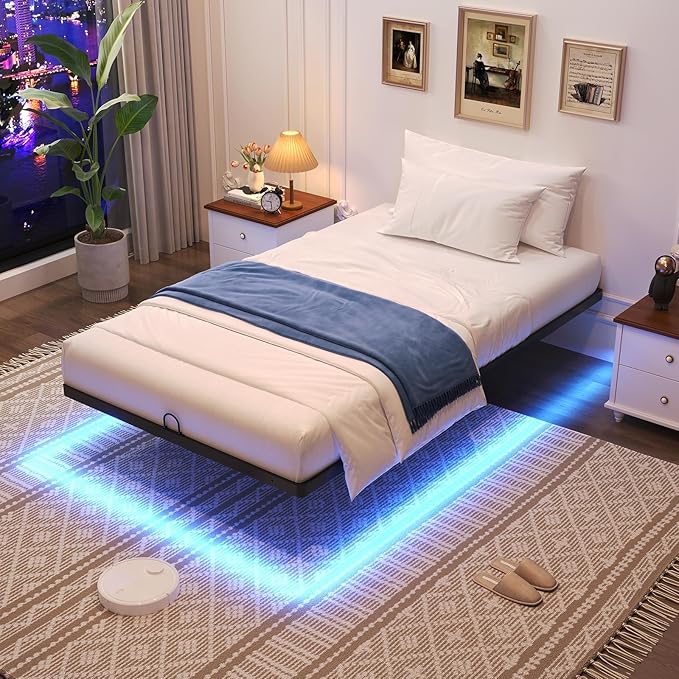 Awesofurni Floating Bed Frame Twin XL Size, Twin XL Bed Frame with Smart LED Lights, Heavy Duty Modern Metal Platform Bed No Box Spring Needed - Easy Assembly and Noise Free