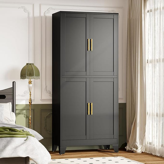 winiowa 75" Tall Kitchen Pantry Cabinet, Metal Storage Cabinet with Doors and Adjustable Shelves, Black Freestanding Pantry Cabinet for Kitchen, Dining Room, Living Room, Laundry Room, Bathroom