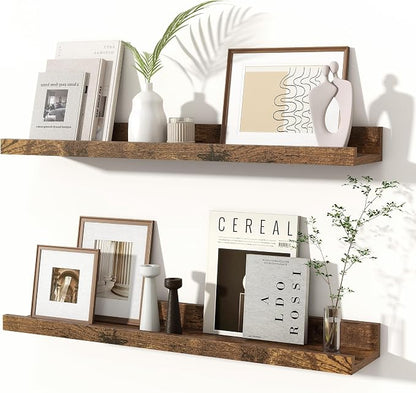 Fun Memories Picture Ledge Shelves Set of 2, 24 Inch Rustic Wall Mounted Floating Shelves with Lip for Home Storage and Décor in Bathroom, Kitchen, Nursery, Bedroom, Living Room, Brown