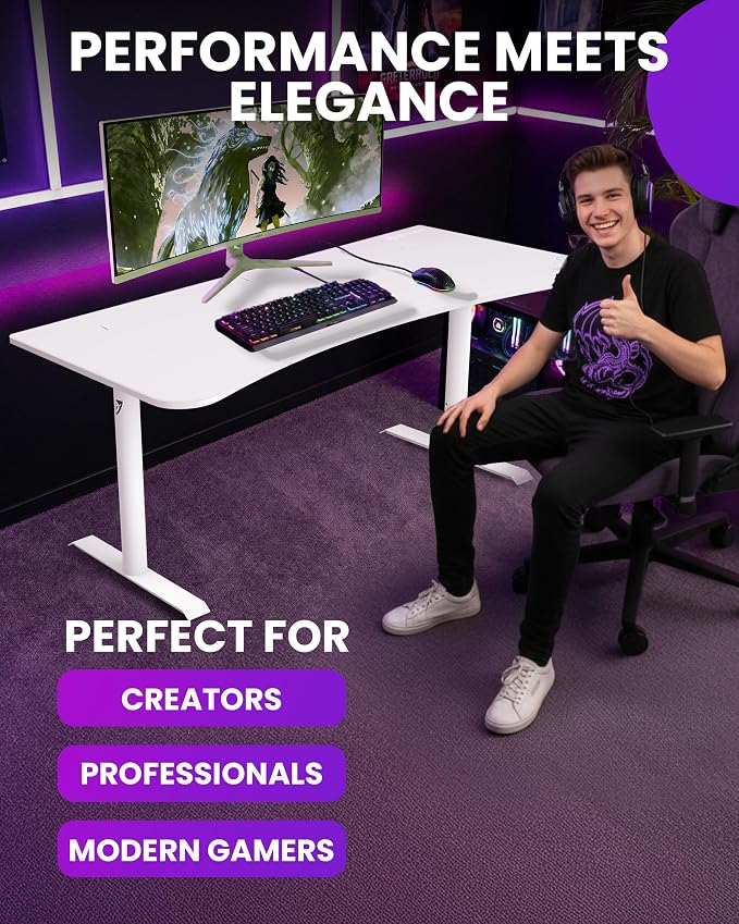 Arozzi Arena Large Gamer Desk - 63x32” Adjustable Height PC Gaming Desk with Storage for Cables & Triple-Monitor Support - Full-Surface Washable Mousepad - Pure White