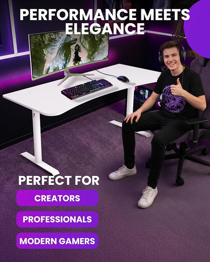 Arozzi Arena Large Gamer Desk - 63x32” Adjustable Height PC Gaming Desk with Storage for Cables & Triple-Monitor Support - Full-Surface Washable Mousepad - Pure White