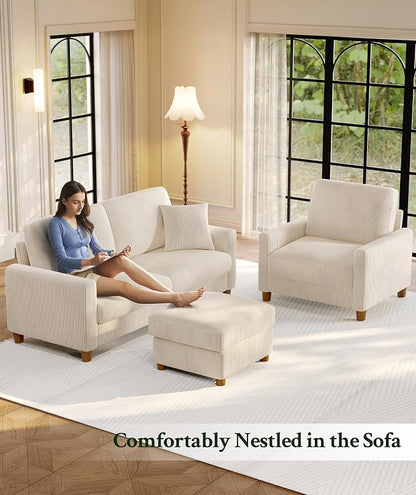 Welzona 70.2" Couches for Living Room, Comfy Sofa Set Tool-Free Setup, Corduroy Couch Set 7.1" Thicker Cushion, Accent Chair with Ottoman 848lbs Support, Sofas for Living Room Home Office, Beige