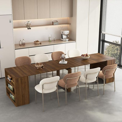 Extendable Foldable Dining Room Table for 1-12 People, Wood Multifunctional Rectangle Expandable Console Kitchen Living Meeting Room Furniture, Walnut