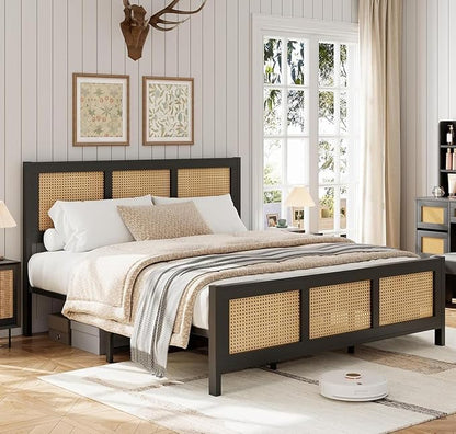 Garvee Rattan Bed Frame with Headboard, Bohe Platform Full Size Bed Frame with Strong Metal Slats Support, No Box Spring Needed, Noise-Free Design, Black