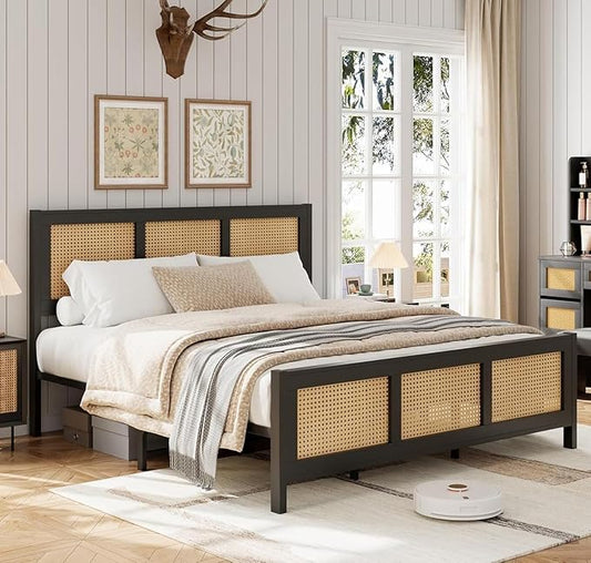 Garvee Rattan Bed Frame with Headboard, Bohe Platform Full Size Bed Frame with Strong Metal Slats Support, No Box Spring Needed, Noise-Free Design, Black