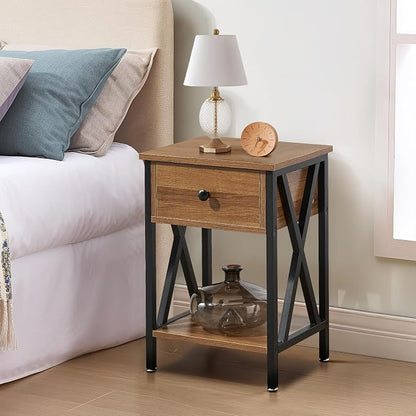 VECELO Nightstand,Modern Bedside End Table, Night Stand with Drawer and Storage Shelf for Living Room Bedroom, Industrial Metal Frame
