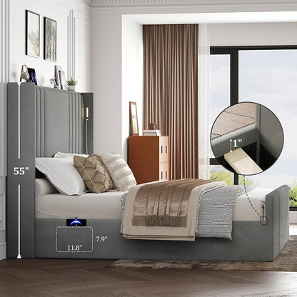 King Size Bed Frame with 55.1" Tall Headboard, Velvet Upholstered Platform Bed with Channel Tufted Wingback, 2 Reading Lights/Storage Shelf/Charging Station/Easy Assembly/Noise-Free, Grey