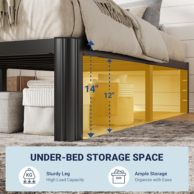 Allewie Metal Twin Bed Frame, 14 Inch 3500LBS Heavy Duty Platform Bed with Rounded Corner & Under Bed Storage, No Box Spring Needed, Noise Free, Easy Assembly, Black