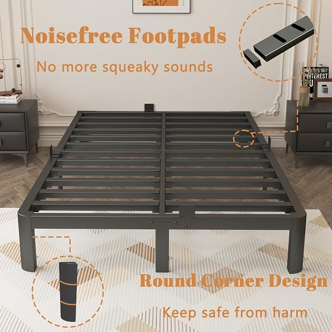 10 Inch King Size Bed Frame, Metal King Platform Bed Frame with Baffles, No Box Spring Needed, Heavy Duty Steel Support, Rounded Corner Legs, Reserved Holes, Noise Free, Storage Space, Black
