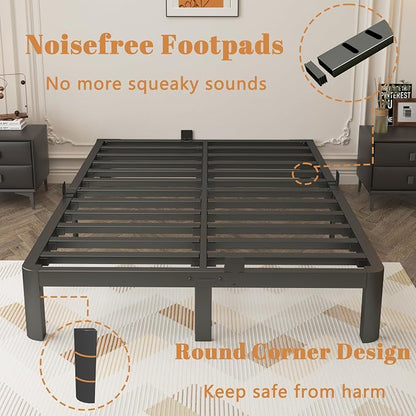 10 Inch Full Size Bed Frame, Black Bed Frame Full with Metal Gaskets, No Box Spring Needed, Rounded Corner Design, Heavy Duty Steel Platform Support, Reserved Holes, Storage Space, Noiseless