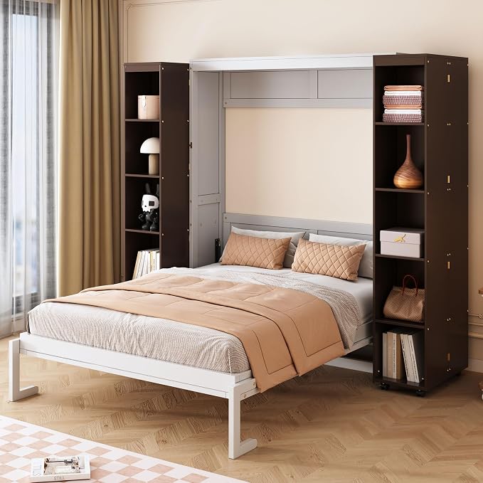 Queen Murphy Bed with Storage Doors, Space Saving Wall Bed Cabinet Hydraulic Lift Helps Raise and Lower the Bed, While Hidden Side Storage Keeps Bedding and Daily Essentials Organized