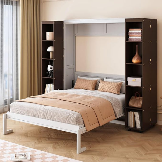 Queen Murphy Bed with Storage Doors, Space Saving Wall Bed Cabinet Hydraulic Lift Helps Raise and Lower the Bed, While Hidden Side Storage Keeps Bedding and Daily Essentials Organized