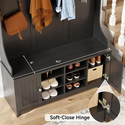 ONBRILL 78.7" Hall Tree with Bench and Storage, Entryway Bench with Coat Rack, 10 Cubbies with Adjustable Shelves & 7 Coat Hooks for Hallway, Entryway, Black