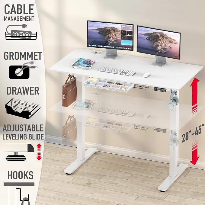 SHW 55 x 28 Inches Electric Height Adjustable Standing Desk with Drawer and Memory Preset, White